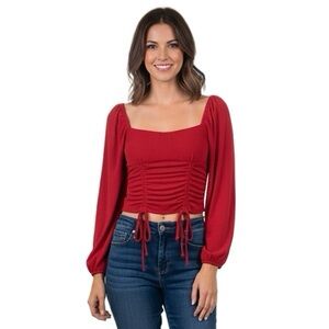 No Boundaries Red Ruched Drawstring Tie Front‎ Crop Top Square Neck Blouse M NWT
